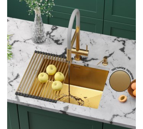 Кухонная мойка Roxen Uno 560210-54G-GR золото/текстурная PVD покрытие с ролл-матом и дозатором