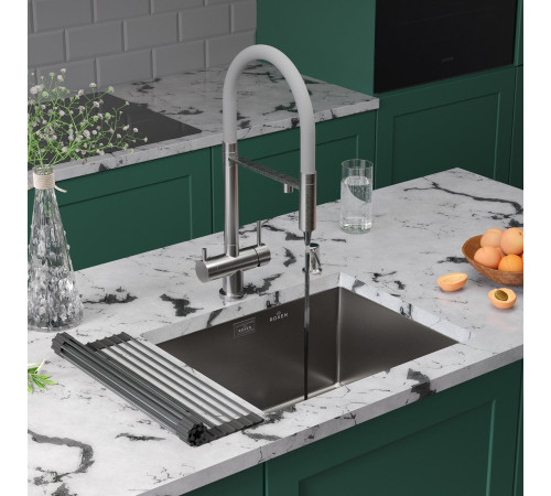 Кухонная мойка Roxen Uno 560210-54-V сатин/текстурная с ролл-матом и дозатором