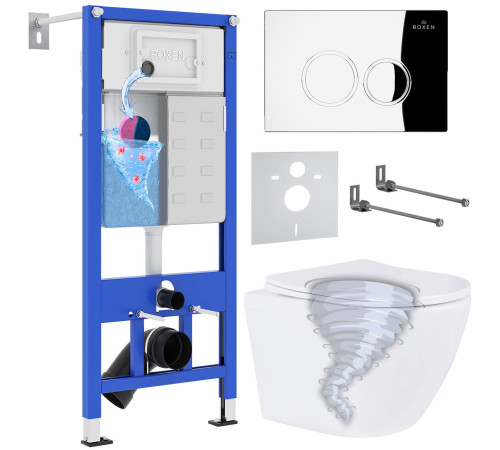 Унитаз подвесной Roxen Antares Tornado в комплекте с инсталляцией StounFix Dual Fresh 6 в 1 968340 кнопка: хром глянцевый