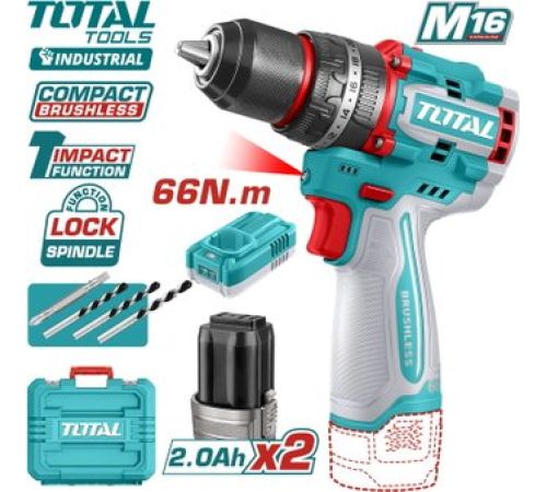 Ударная дрель-шуруповерт Total TIDLI166062 с 2-мя АКБ, кейс
