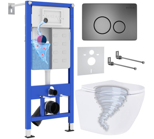 Унитаз подвесной Roxen Antares Tornado в комплекте с инсталляцией StounFix Dual Fresh 6 в 1 968390 кнопка: оружейная сталь