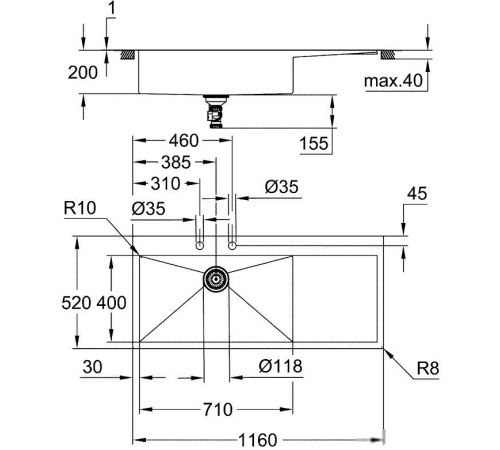 Кухонная мойка Grohe K1000 80-S 116/52 1.0 lh 31581SD1 левая