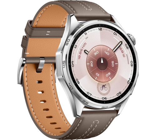 Умные часы Huawei Watch GT 6 46 мм серебристый, с коричневым кожаным ремешком, международная версия