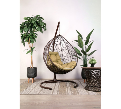 Подвесное кресло M-Group Капля 11020201 коричневый ротанг/бежевая подушка