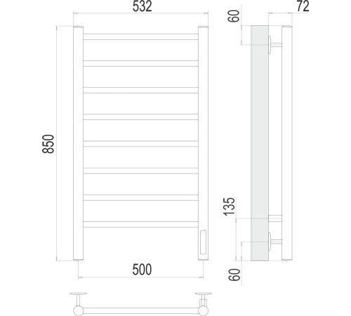 Полотенцесушитель TERMINUS Классик П8 500х850 сатин, Quick Touch
