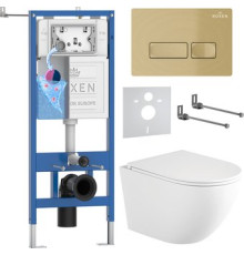 Унитаз подвесной Roxen Antares Tornado Long в комплекте с инсталляцией StounFix Dual Fresh 6 в 1 868418 кнопка: брашированное золото матовая