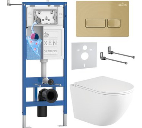Унитаз подвесной Roxen Antares Tornado Long в комплекте с инсталляцией StounFix Dual Fresh 6 в 1 868418 кнопка: брашированное золото матовая