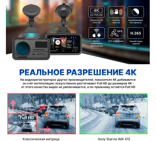 Видеорегистратор-GPS информатор 2в1 TrendVision TDR-725 Real 4K 2CH