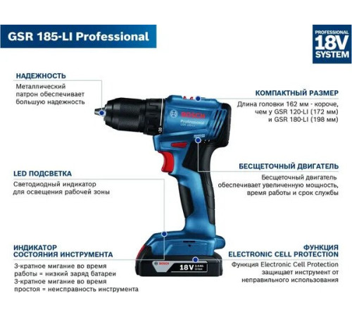Дрель-шуруповерт Bosch GSR 185-LI Professional 06019K3080 с 2-мя АКБ, кейс