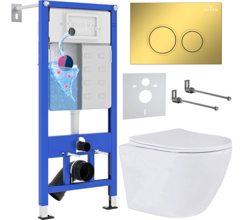 Унитаз подвесной Roxen Antares в комплекте с инсталляцией StounFix Dual Fresh 6 в 1 968010 кнопка: золото глянцевое