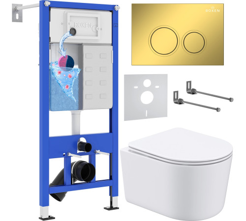 Унитаз подвесной Roxen Simple compact в комплекте с инсталляцией StounFix Dual Fresh 6 в 1 968026 кнопка: золото глянцевое