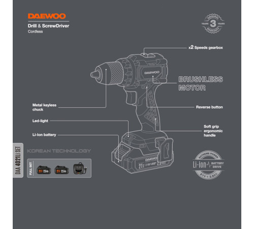 Дрель-шуруповерт Daewoo Power DAA 4021Li Set с 2-мя АКБ, кейс