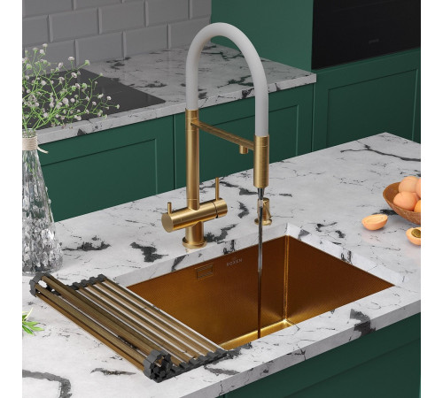 Кухонная мойка Roxen Uno 560210-54G-GR золото/текстурная PVD покрытие с ролл-матом и дозатором