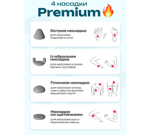 Перкуссионный массажер Miru BM-18 4 насадки, серебристый