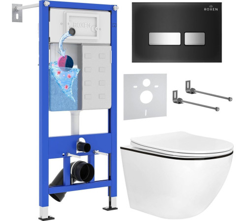 Унитаз подвесной Roxen Antares Black в комплекте с инсталляцией StounFix Dual Fresh 6 в 1 964974 кнопка: черное стекло