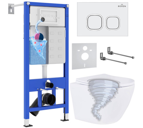 Унитаз подвесной Roxen Antares Tornado в комплекте с инсталляцией StounFix Dual Fresh 6 в 1 968358 кнопка: белый глянцевый