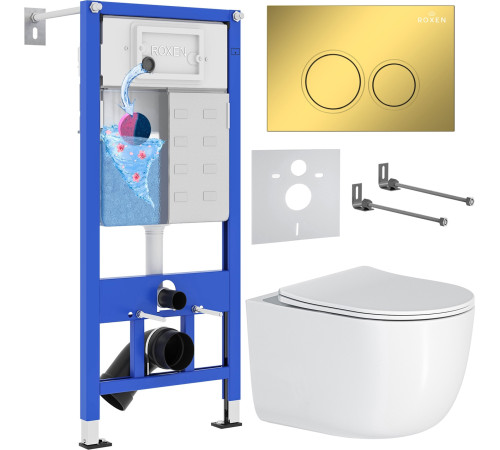 Унитаз подвесной Roxen Vortex в комплекте с инсталляцией StounFix Dual Fresh 6 в 1 968046 кнопка: золото глянцевое