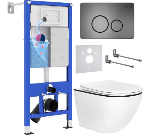 Унитаз подвесной Roxen Antares Black в комплекте с инсталляцией StounFix Dual Fresh 6 в 1 964894 кнопка: оружейная сталь