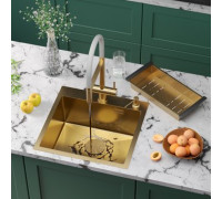Кухонная мойка Roxen Simple 560220-50G-V золото/текстурная PVD покрытие с коландером и дозатором