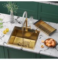 Кухонная мойка Roxen Simple 560220-50G-V золото/текстурная PVD покрытие с коландером и дозатором