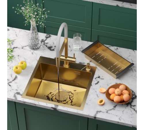 Кухонная мойка Roxen Simple 560220-50G-V золото/текстурная PVD покрытие с коландером и дозатором
