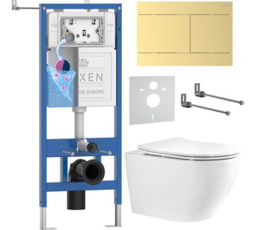 Унитаз подвесной Roxen Antares Tornado Long в комплекте с инсталляцией StounFix Dual Fresh 6 в 1 868465 кнопка: брашированное золото матовая