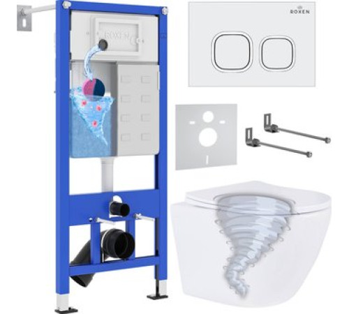 Унитаз подвесной Roxen Antares Tornado Long в комплекте с инсталляцией StounFix Dual Fresh 6 в 1 868432 кнопка: белый глянцевая