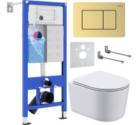 Унитаз подвесной Roxen Simple compact в комплекте с инсталляцией StounFix Dual Fresh 6 в 1 968480 кнопка: брашированное золото
