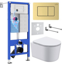 Унитаз подвесной Roxen Simple compact в комплекте с инсталляцией StounFix Dual Fresh 6 в 1 968480 кнопка: брашированное золото