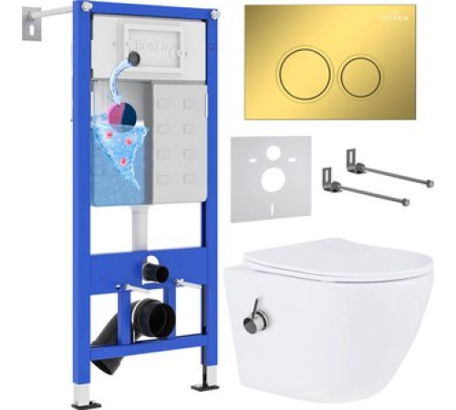 Унитаз подвесной Roxen Antares bidet в комплекте с инсталляцией StounFix Dual Fresh 6 в 1 968097 кнопка: золото глянцевое