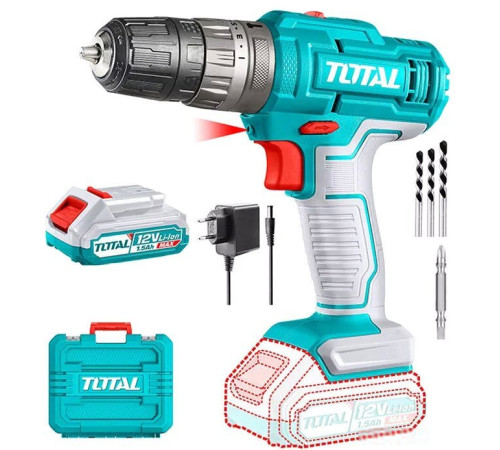 Дрель-шуруповерт Total TIDLI1228 с 1-м АКБ, кейс, оснастка
