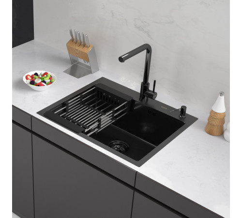 Кухонная мойка ARFEKA ECO AR мойка 600*500, коландер, дозатор BLACK DECOR VOLCANIC ROCK