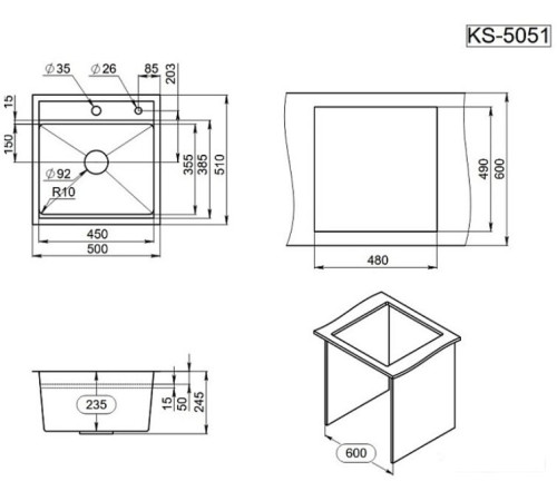 Кухонная мойка Granula KS-5051 черный матовый