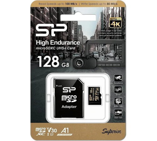 Карта памяти Silicon-Power Golden Series High Endurance microSDXC SP128GBSTXDV3V1HSP 128GB с адаптером