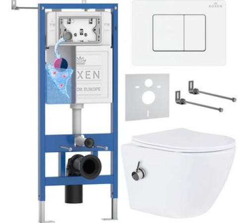 Унитаз подвесной Roxen Antares Bidet в комплекте с инсталляцией StounFix Dual Fresh 6 в 1 868561 кнопка: белый глянцевая