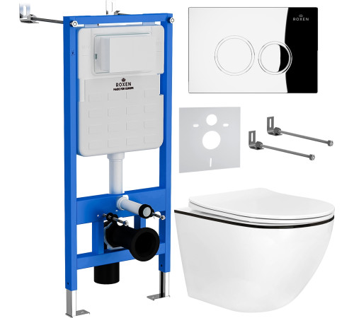 Унитаз подвесной Roxen Antares Black в комплекте с инсталляцией StounFix Dual Fresh 6 в 1 964658 кнопка: хром глянец