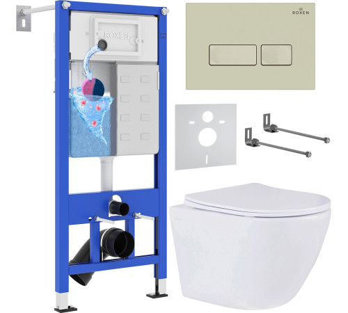 Унитаз подвесной Roxen Antares 530185-01 в комплекте с инсталляцией StounFix Dual Fresh 6 в 1 966626 кнопка: бежевый