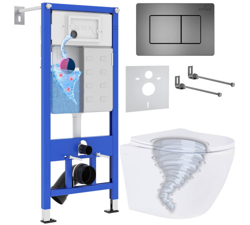 Унитаз подвесной Roxen Antares Tornado в комплекте с инсталляцией StounFix Dual Fresh 6 в 1 968391 кнопка: оружейная сталь