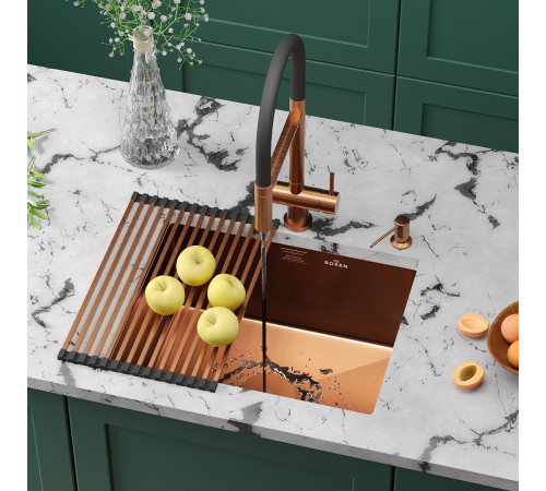 Кухонная мойка Roxen Uno 560210-54BR-GR бронза/текстурная PVD покрытие с ролл-матом и дозатором