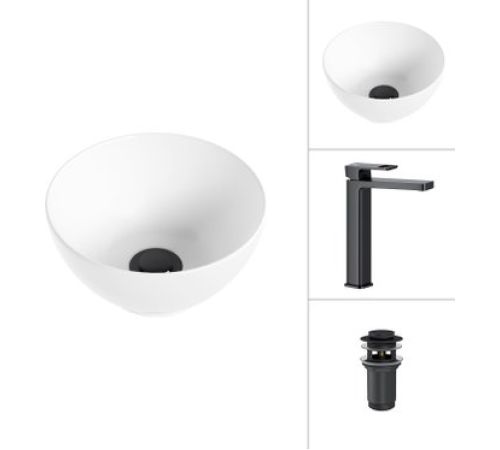 Умывальник Lauter 21601E + Cascade 21СК0655BS с донным клапаном 21190B черный матовый