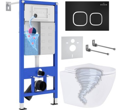 Унитаз подвесной Roxen Antares Tornado Long в комплекте с инсталляцией StounFix Dual Fresh 6 в 1 868433 кнопка: черный матовая