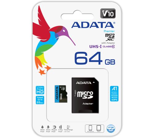 Карта памяти ADATA Premier AUSDX64GUICL10A1-RA1 microSDXC 64GB с адаптером
