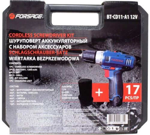 Дрель-шуруповерт FORSAGE BT-CD11-A1 с 2-мя АКб, кейс, набор оснастки