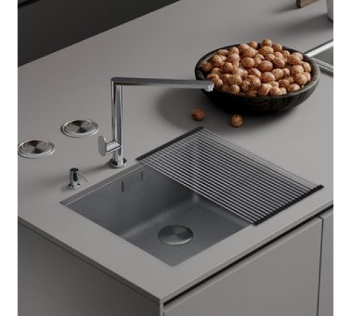 Кухонная мойка Roxen Uno 560210-54S под столешницу сатин/текстурная поверхность ролл-мат, дозатор, сифон