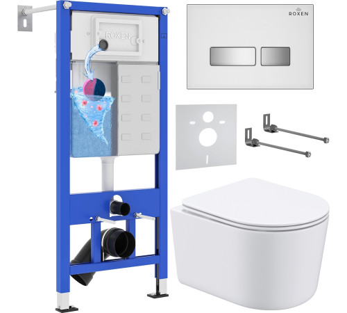 Унитаз подвесной Roxen Simple Compact в комплекте с инсталляцией StounFix Dual Fresh 6 в 1 964407 кнопка: белое стекло