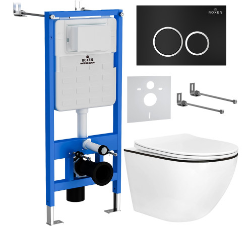 Унитаз подвесной Roxen Antares Black в комплекте с инсталляцией StounFix Dual Fresh 6 в 1 964643 кнопка: черный матовый