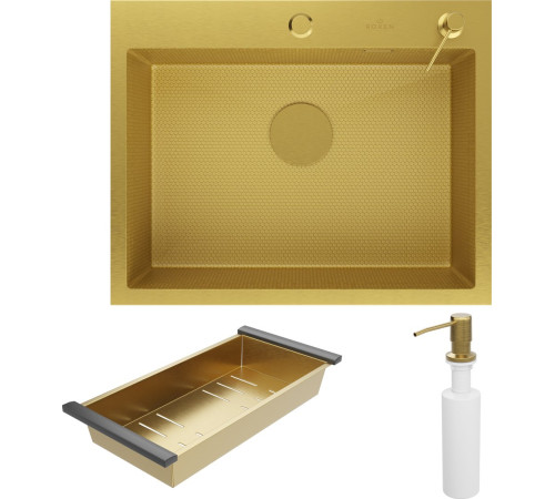 Кухонная мойка Roxen Snake 560220-60-GS PVD Gold золотая/текстурная с коландером и дозатором