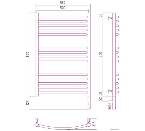Полотенцесушитель Сунержа Богема 3.0 выгнутая 800х500 МЭМ правый 00-5803-8050