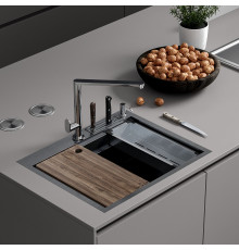 Кухонная мойка Roxen Stage 560250-60B PVD графит c держателем для ножей, двумя коландерами, разделочной доской и дозатором