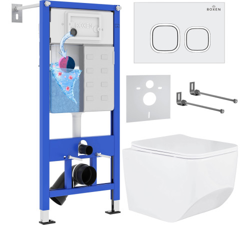Унитаз подвесной Roxen Boro в комплекте с инсталляцией StounFix Dual Fresh 6 в 1 540025 кнопка: белый глянец